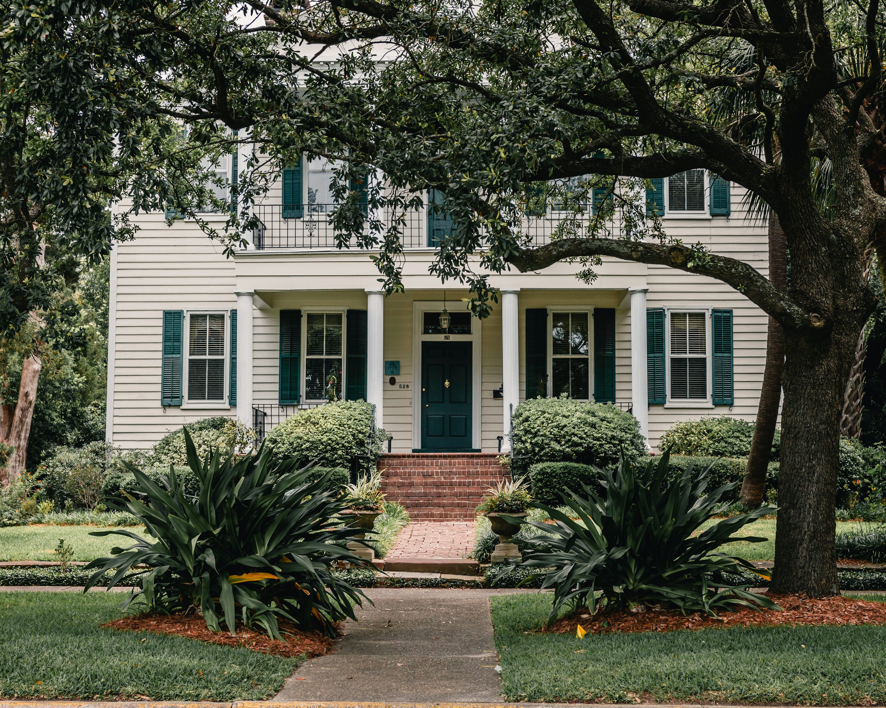 Southern home framed by mature trees and a naturally landscaped front yard
